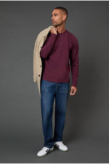Burgundy Long Sleeve Grandad Neck T-Shirt