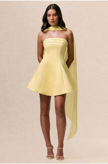 Love Me | Lemon Satin Skater Mini Dress With Chiffon Scarf