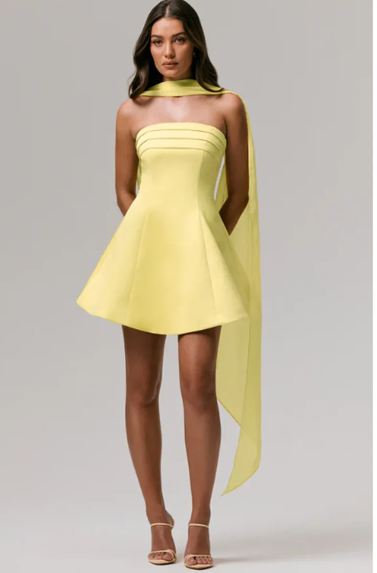 Love Me | Lemon Satin Skater Mini Dress With Chiffon Scarf Club L London Yellow : Premium Dresses : VogaCloset Iraq Love Me | Lemon Satin Skater Mini Dress With Chiffon Scarf Club L London Yellow : Premium Dresses : VogaCloset Iraq