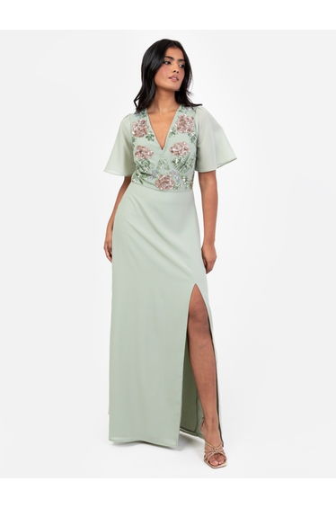 Maya Sage Green Floral Embellished Short Sleeve Maxi Dress with Skirt Split