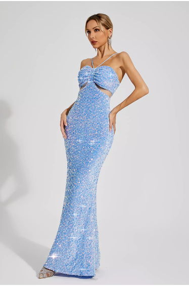 Artemis Blue Sequins Halter Dress
