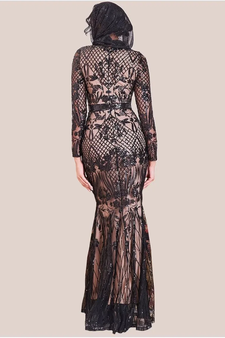 Goddiva Modesty Sequin Evening Maxi Dress - Black - 1