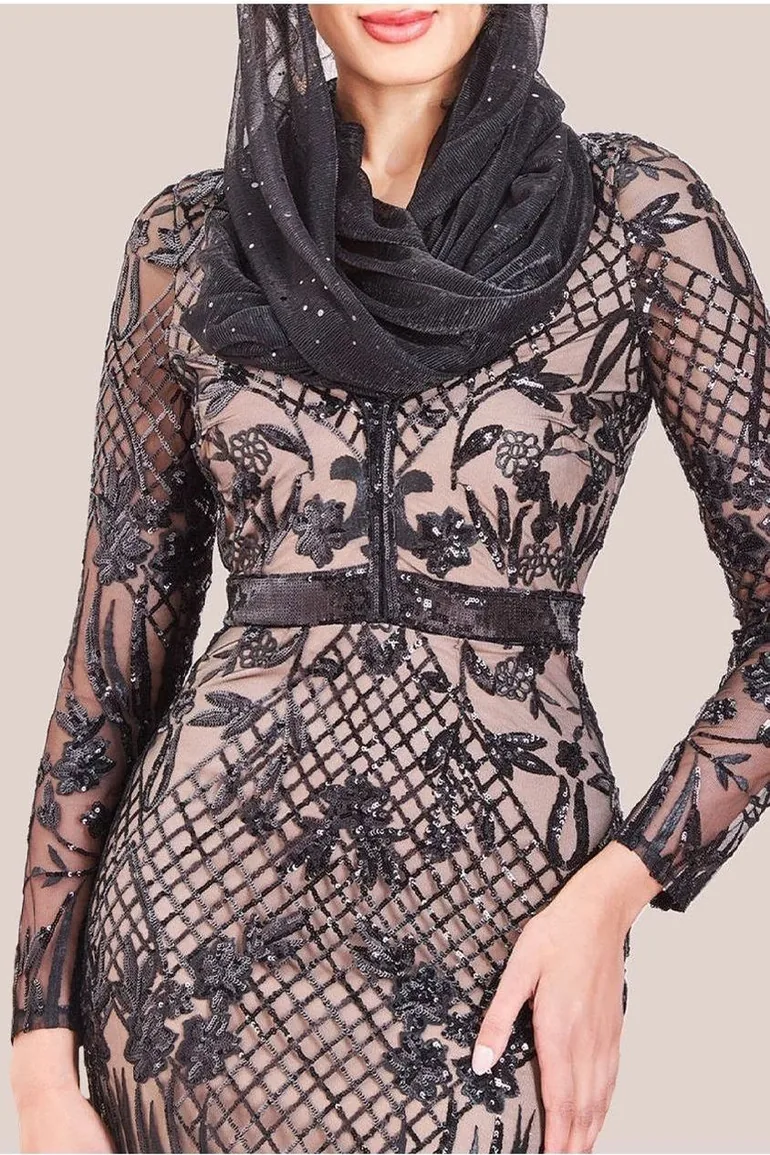 Goddiva Modesty Sequin Evening Maxi Dress - Black - 2