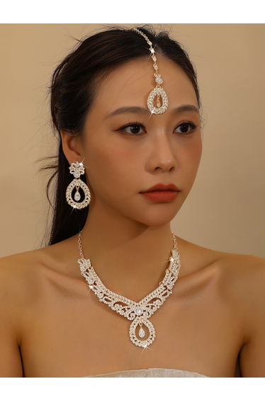 3-Piece Embellished Drop Necklace, Forehead Pendant and Earrings Jewelry Set