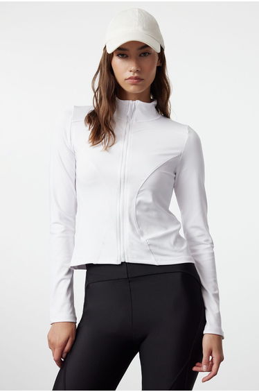 White Fitted Zipper High Neck Knitted Sports Top/Blouse