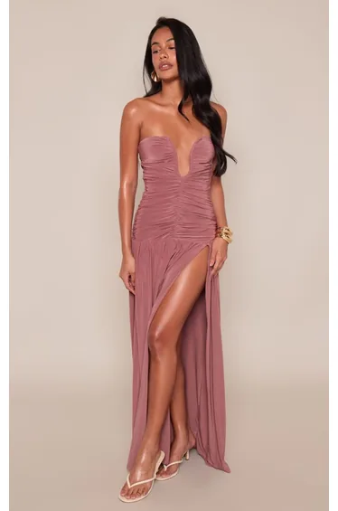 Mauve Double Layer Slinky Bandeau Plunge Ruched Maxi Dress