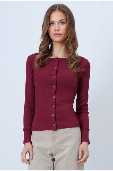 Women's Burgundy Wide Cuffs Stitching Detail Button Front Ribbed Knit