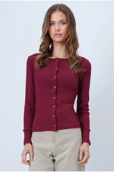 Women's Burgundy Wide Cuffs Stitching Detail Button Front Ribbed Knit