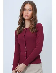 Women's Burgundy Wide Cuffs Stitching Detail Button Front Ribbed Knit - 1