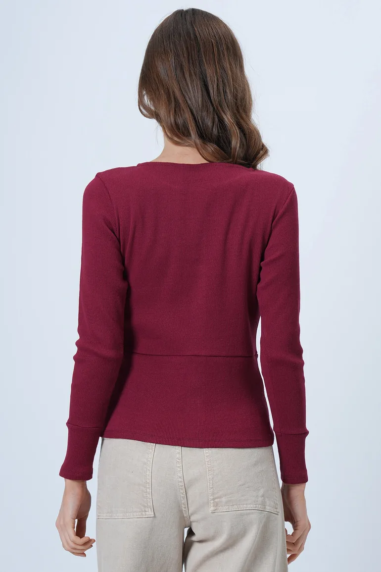 Women's Burgundy Wide Cuffs Stitching Detail Button Front Ribbed Knit - 5