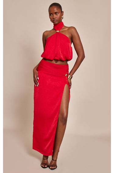 Red Hardware Detail Split Detail Maxi Skirt
