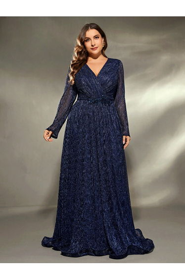 Leely Plus Women's Elegant V Neck Long Sleeve Party Dress
