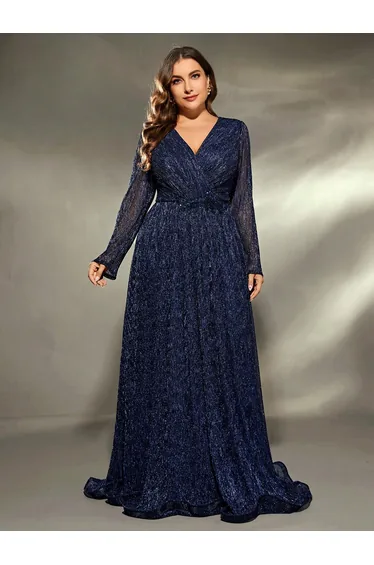 Leely Plus Women's Elegant V Neck Long Sleeve Party Dress