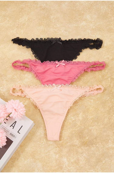 Pink-Multicolored 3-Pack Single Jersey Thong Lace Detailed Plain Thong Panties