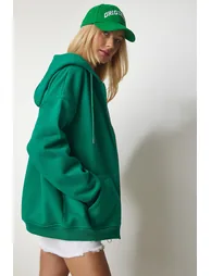 Women's Green Hoodie with Zipper Oversized Sweatshirt - 2