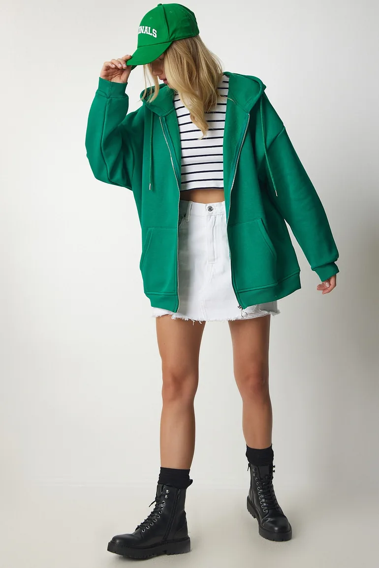 Women's Green Hoodie with Zipper Oversized Sweatshirt - 3