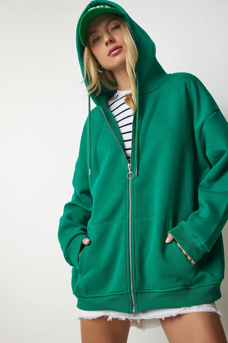 Women's Green Hoodie with Zipper Oversized Sweatshirt - 1