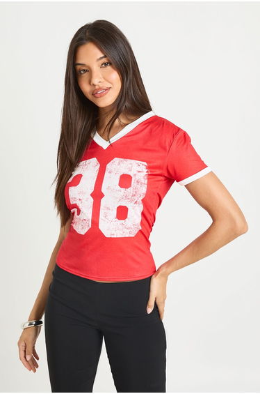 38 Distressed Graphic Football Tee - red