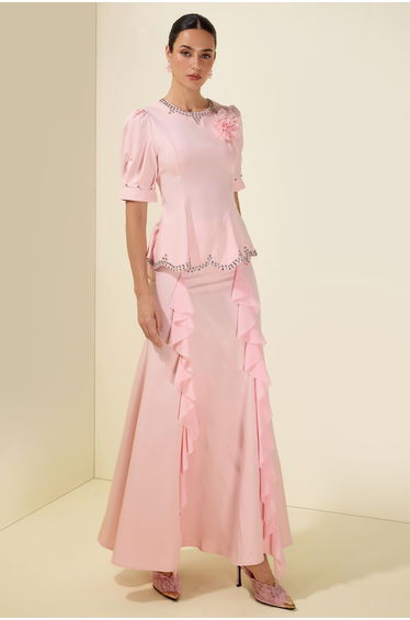 3D Flower Rhinestone Rivets Top & Frill Midi Skirt Set
