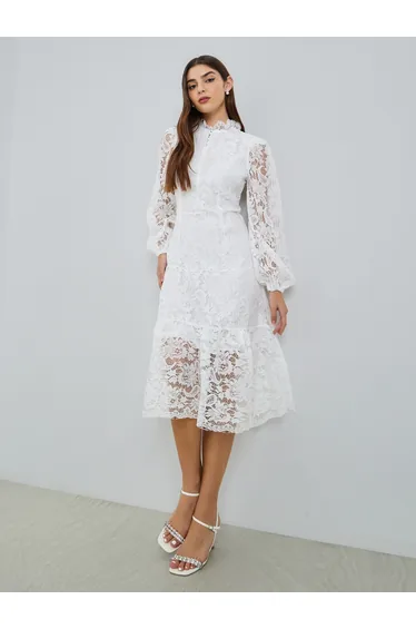 Women White Lace Balloon Sleeves A-Line Midi Dress