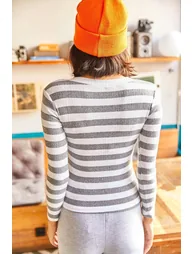 Women's Anthracite U-Neck Striped Lycra Blouse - 2