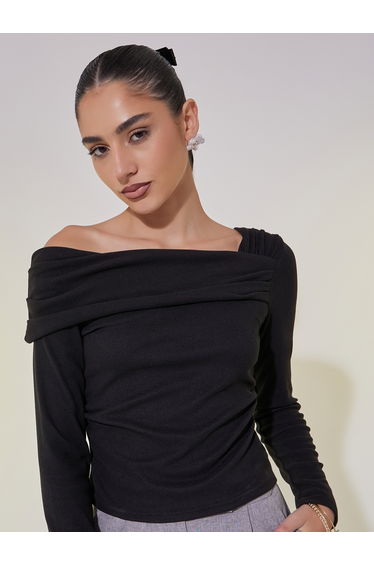 Draped Asymmetric Neck Crop Knit Top