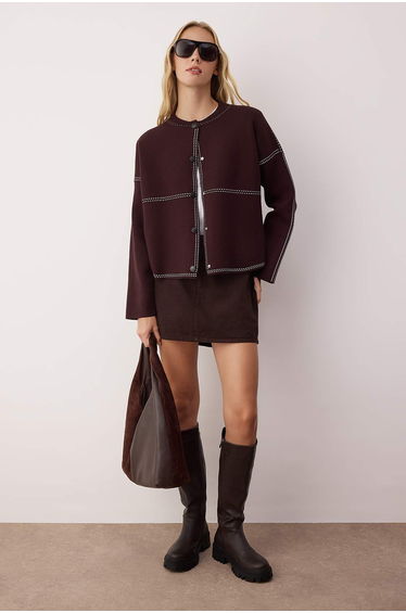 Brown Premium/Special Yarn Wide Pattern Bomber Collar Knitwear Cardigan
