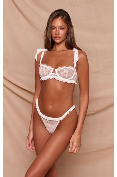 White Eyelash Lace & Frill Bow Tie Straps Bra Set