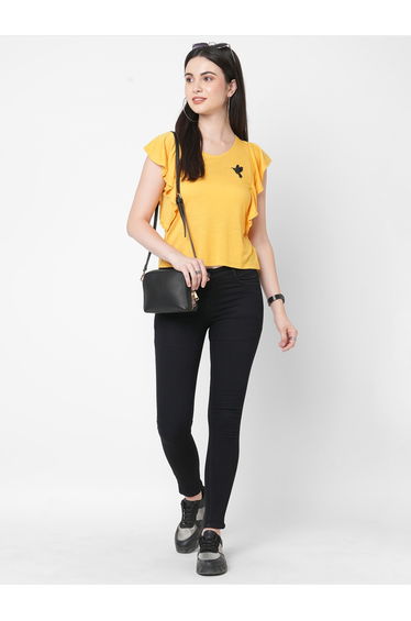 Women Yellow Embellished Bird Detail Ruffled Sleeves T-Shirt