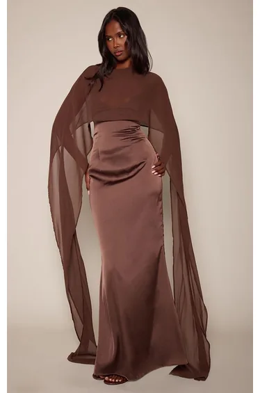 Chocolate Satin Chiffon Cape Detail Maxi Dress
