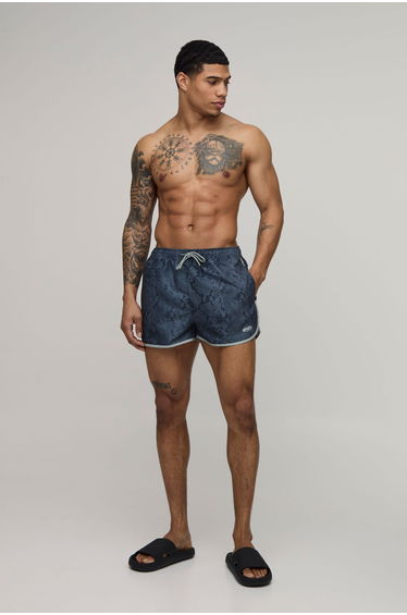 Snake Print Man Embroidered Piped Super Short Swim Short - grey