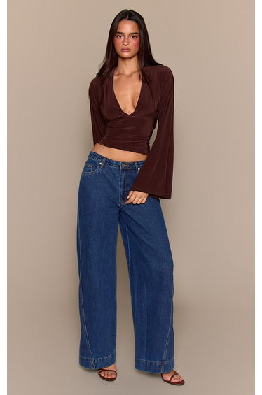 Dark Brown Double Layer Slinky Drape Plunge Long Sleeve Long Top