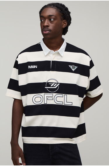 Oversized Boxy Man Sport Embroidered Stripe Rugby Polo - black