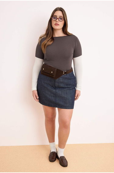 Anthracite-Ecru Sleeve Detailed Foam Knitted Plus Size Blouse