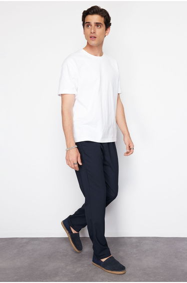 Navy Blue Elastic Waist Slim Fit Trousers