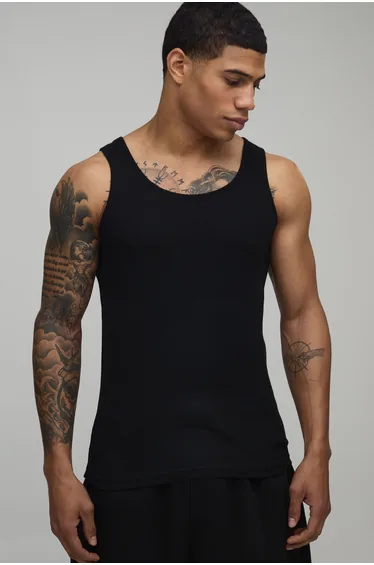 Basic Slim Fit Ribbed Vest - black