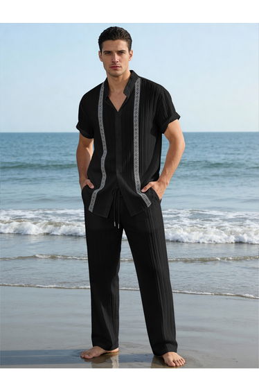 Men Black Jacquard Stand Collar Short Sleeve Button Front Shirt and Pants Co-Ords