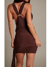 Chocolate Slinky Ruched Drape Detail Midi Skirt - 2