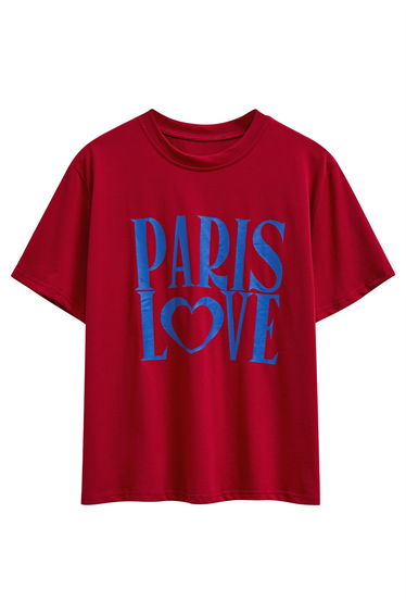 Paris Love Pattern Cotton T-Shirt in Red