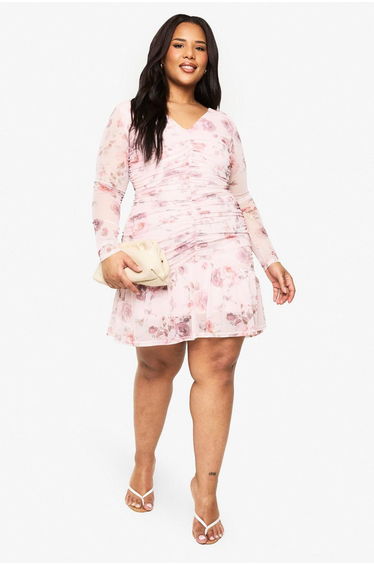 Plus Floral Mesh Ruched Frill Hem Mini Dress - blush