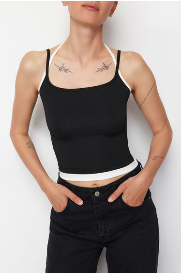 Black and White Contrast Strap Knitted Tank Top