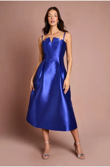 Notch Neck Detail Twill Midi Dress