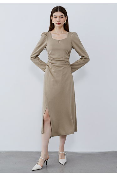 Square Neck Ruched Waist Flap Midi Dress in Tan