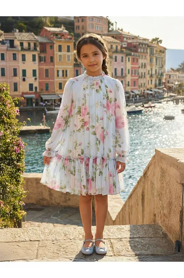 Dress & Fleur Girls Rose Print Occasion Dress in Blue