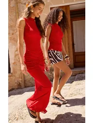 Red Mesh Ruched Detail High Neck Maxi Dress - 3