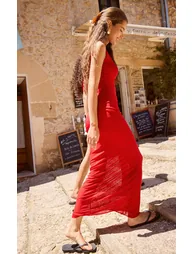Red Mesh Ruched Detail High Neck Maxi Dress - 2