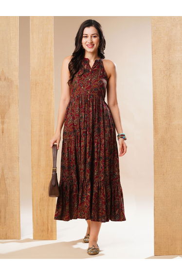 Mandarin Collar Tiered Fusion Maxi Dress