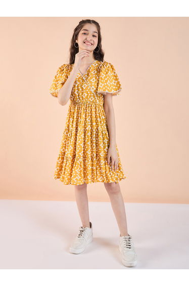 Girls Yellow Printed Tiered Dress