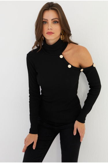 Women's Black One Shoulder Open Camisole Turtleneck Blouse