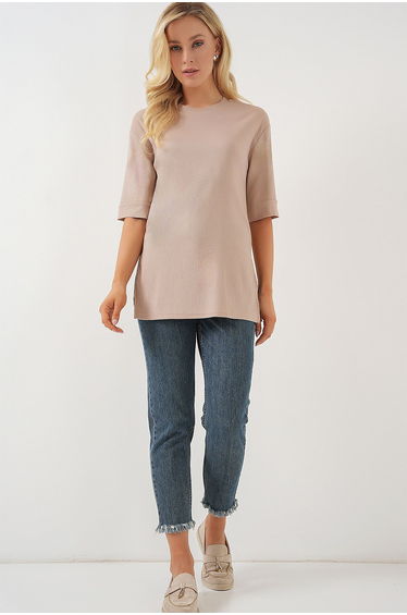Knitted T-Shirt with Side Slits - Biscuit